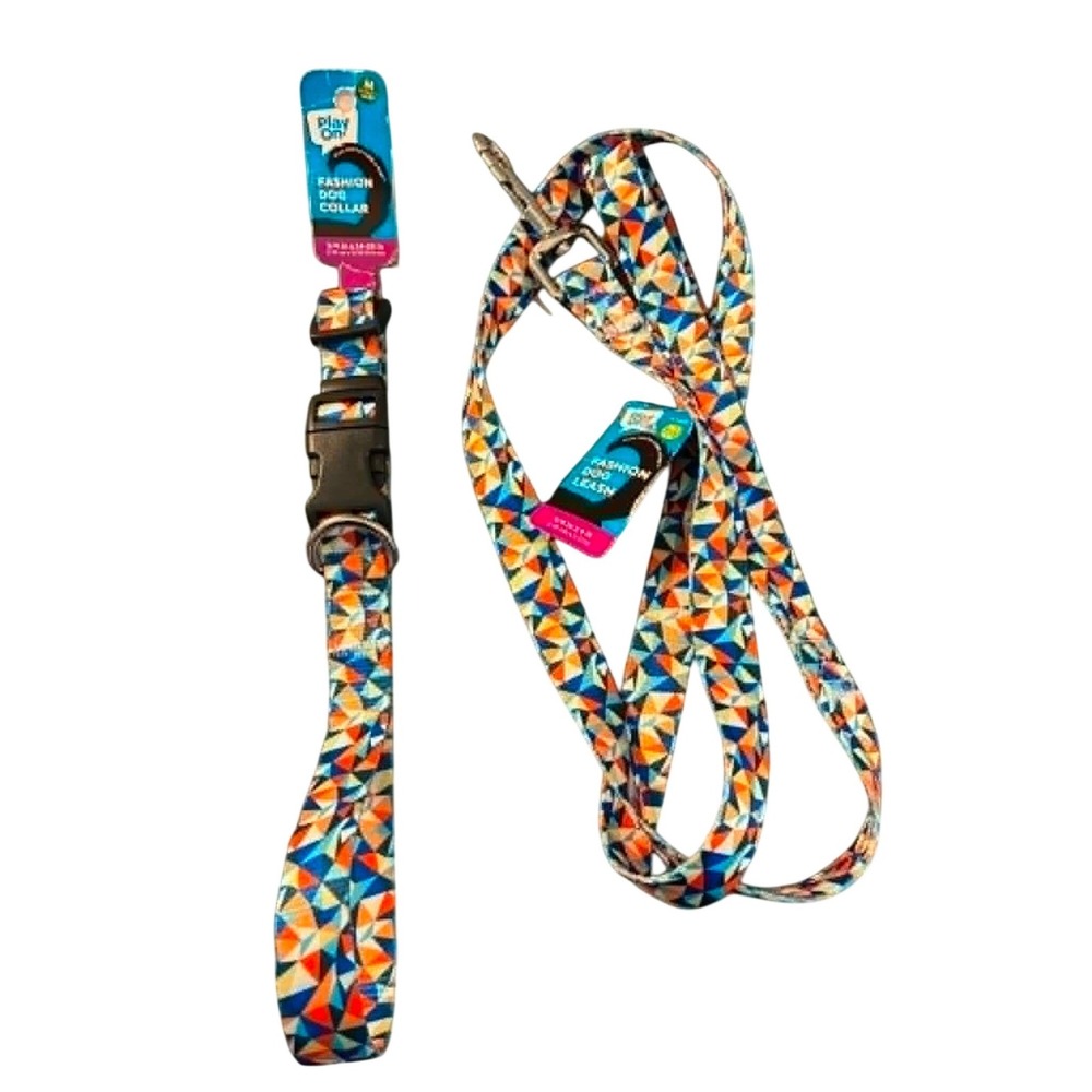 Play On‎ Dog Collar Leash Set Medium Multi Geometric NEW Mosaic Pattern 3/4in